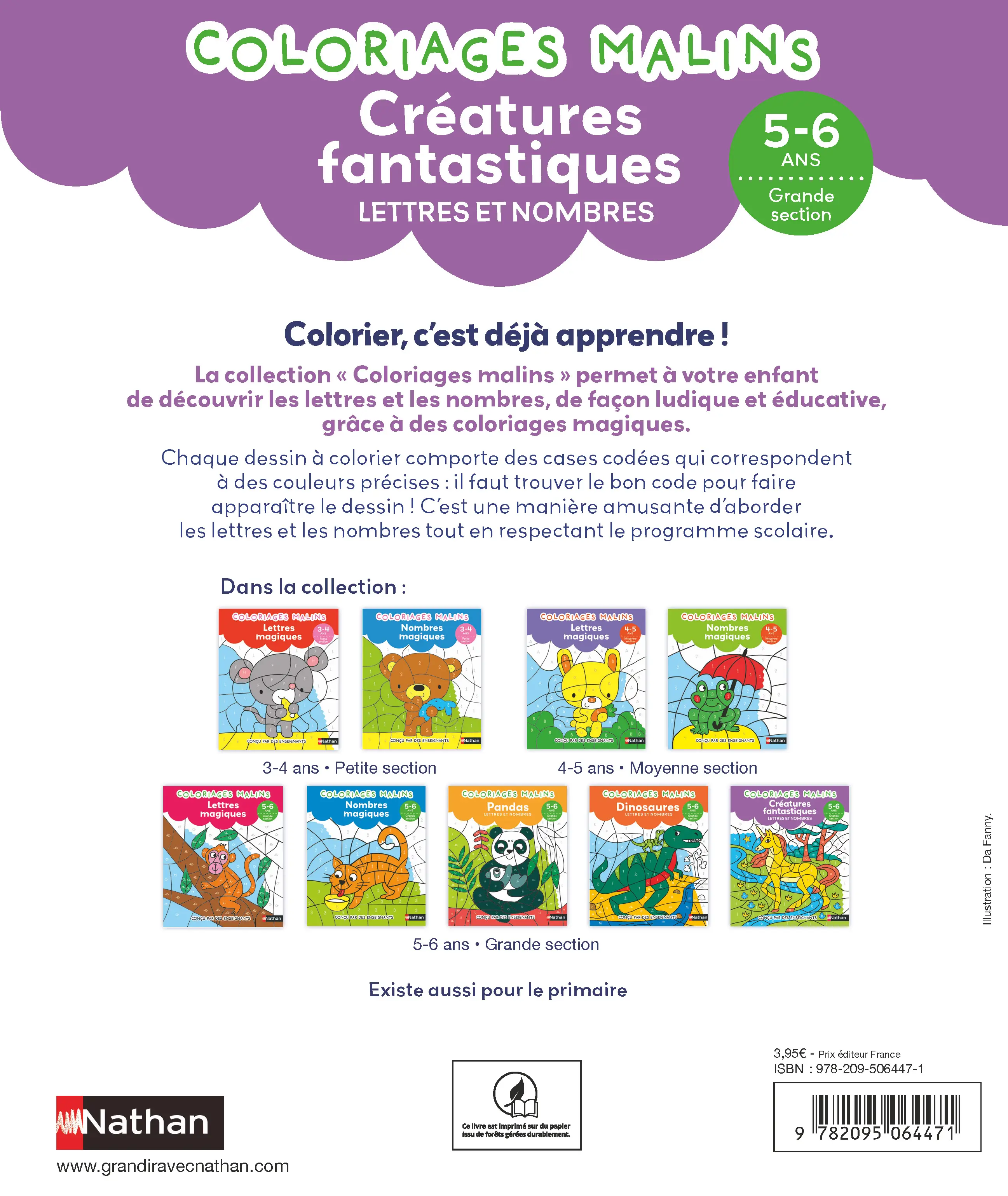 Lettres et nombres GS - Coloriages malins Maternelle Grande section - Animaux fantastiques - Dès 5 ans - Cahier d'activités - 9782095064471 - page intérieure plat 4