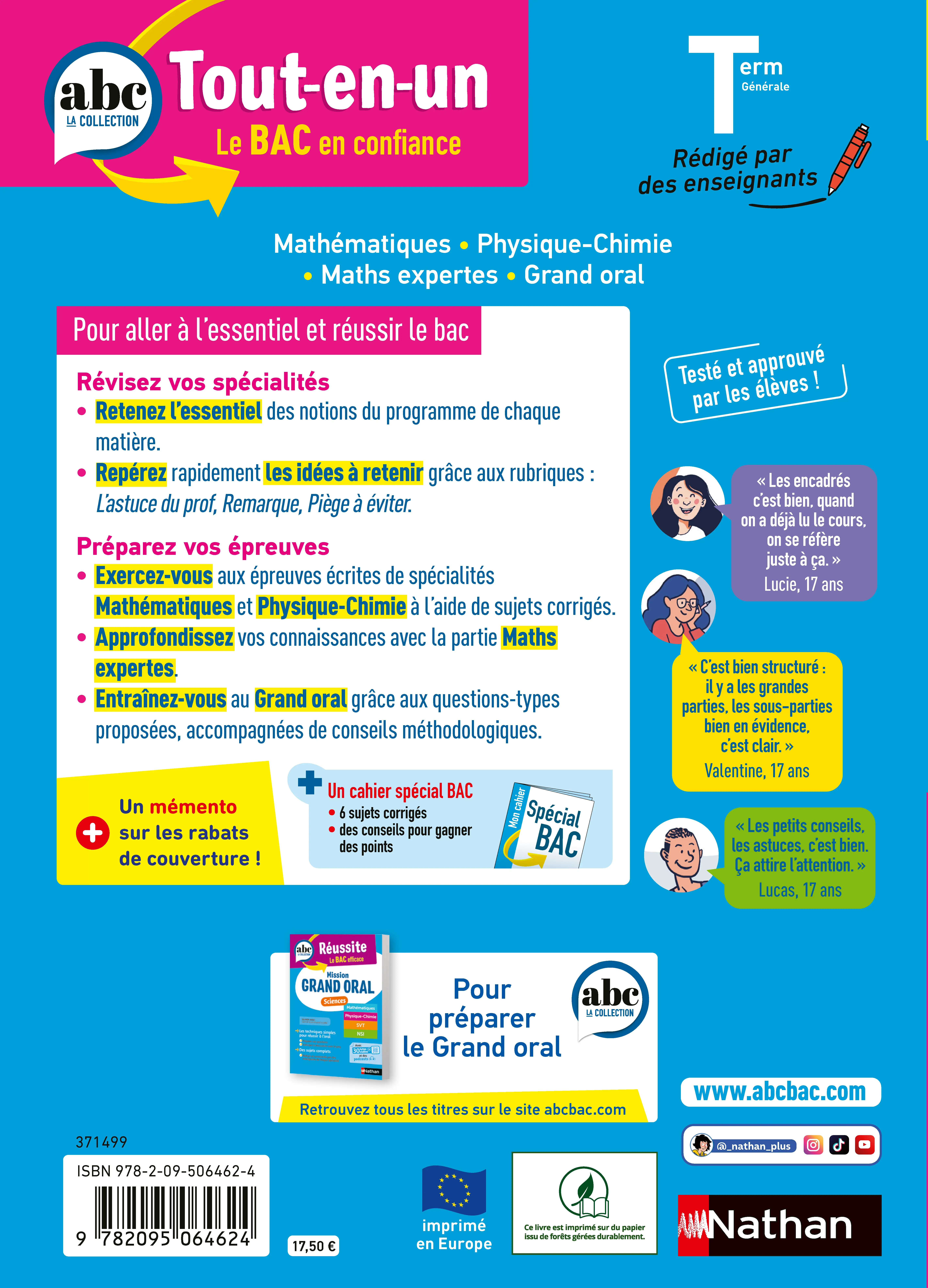 ABC Tout en un Mes spécialités Tle - Maths, Physique-Chimie, Maths expertes, Grand Oral - Bac 2027 - Spécialités Terminale + Cahier spécial Bac - Cours, sujets et corrigés - Tout-en-un - 9782095064624 - page intérieure plat 4