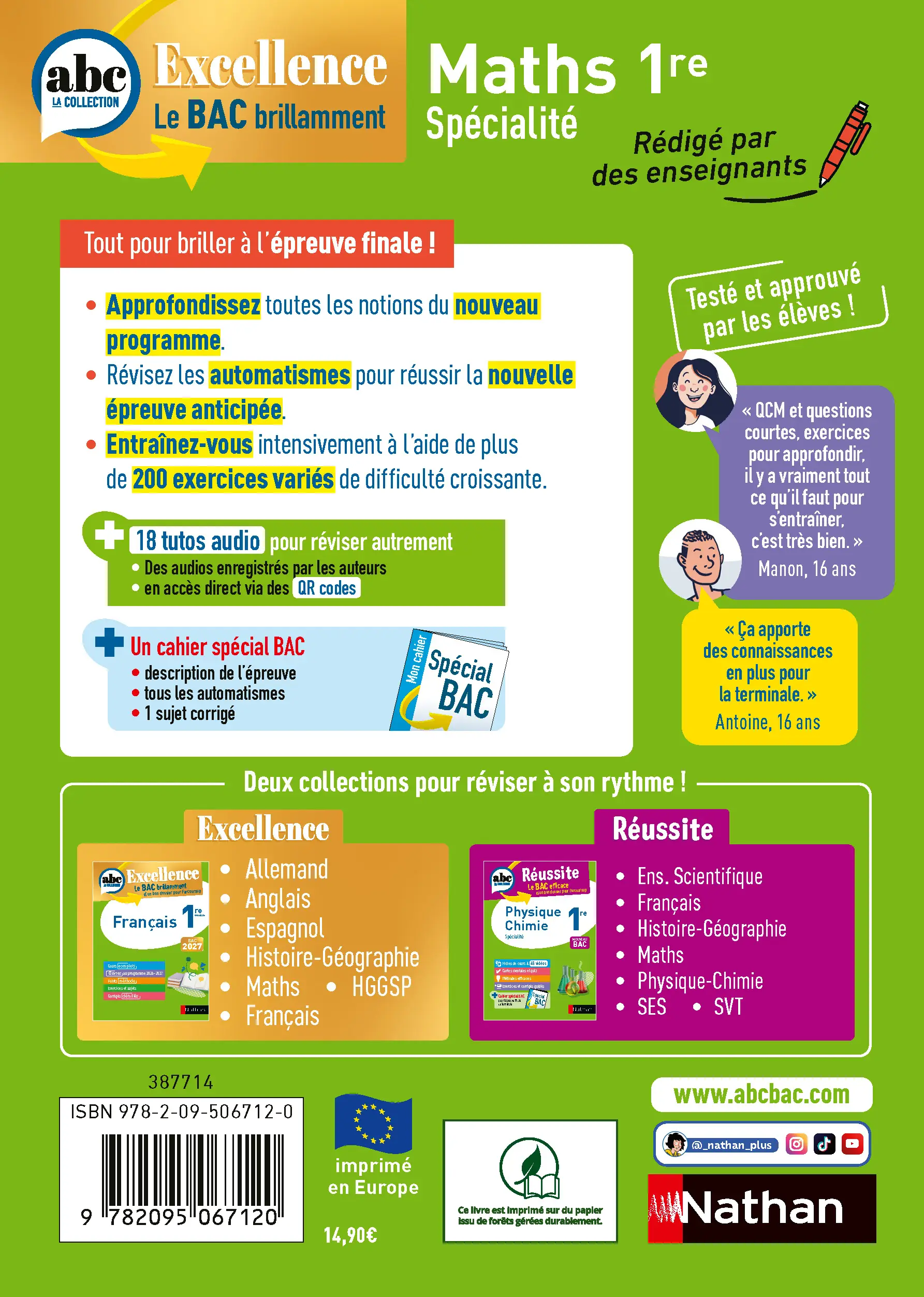 Maths 1re - ABC Excellence - Bac 2027 - Programme de première - Enseignement de spécialité - Cours complets, Notions-clés et vidéos, Points méthode, Exercices et corrigés détaillés - Livre de cours, méthode et exercices - 9782095067120 - page intérieure plat 4