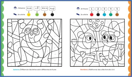 GS - Coloriages malins - Lettres et nombres Grande Section - pour apprendre en coloriant - 5-6 ans - Pandas - Cahier d'activités - 9782095029739 - page-intérieure1