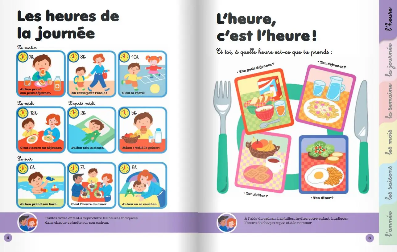 Mon premier livre-horloge - apprendre l'heure et la notion de temps pour les enfants dès 4 ans - Livre d'éveil - 9782092572139 - page intérieure2