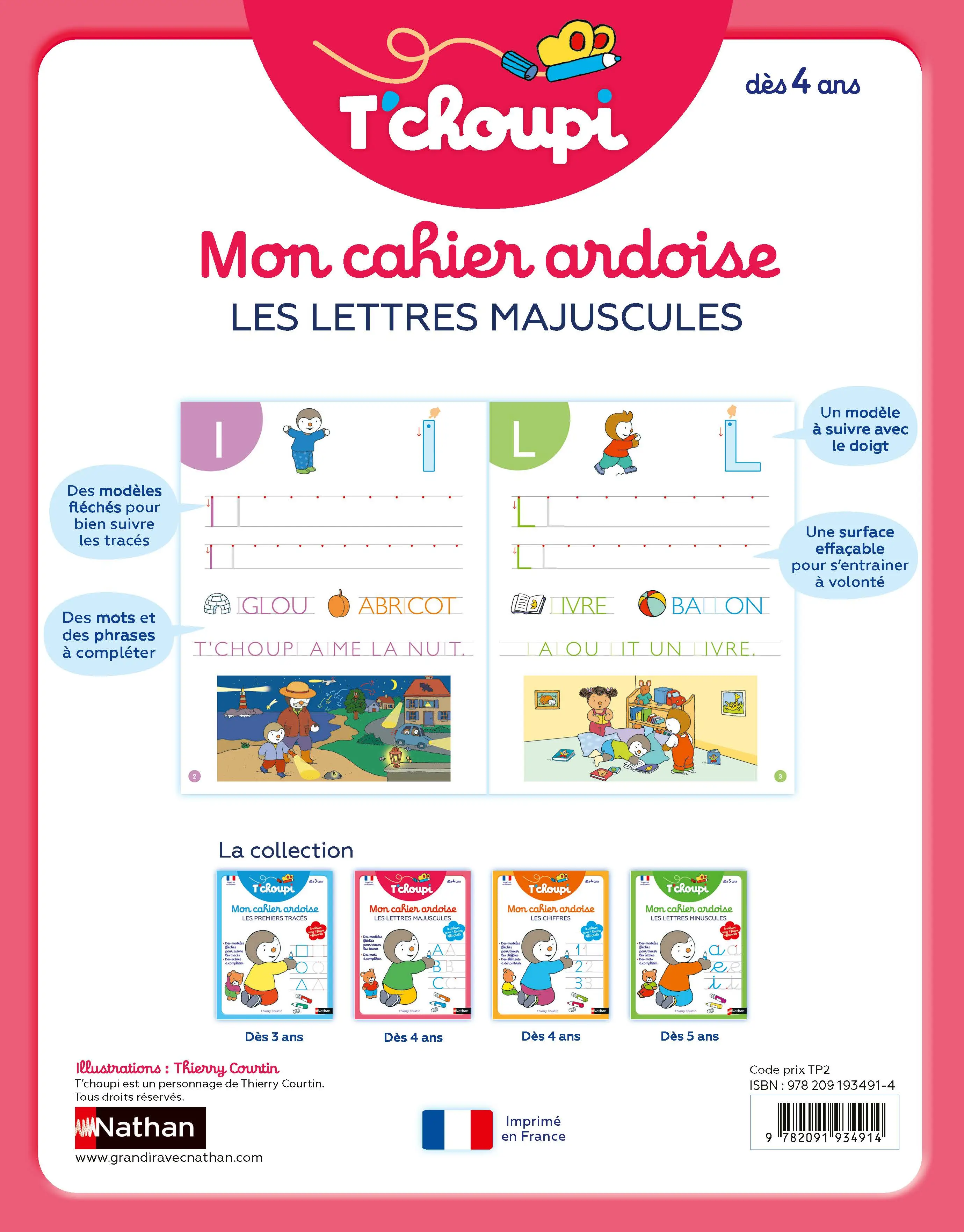 T'choupi mon cahier ardoise effaçable - Pour s'entraîner à tracer les lettres majuscules, avec des modèles fléchés et des mots à compléter - Dès 4 ans - Cahier d'exercices - 9782091934914 - page-interieurePLAT4