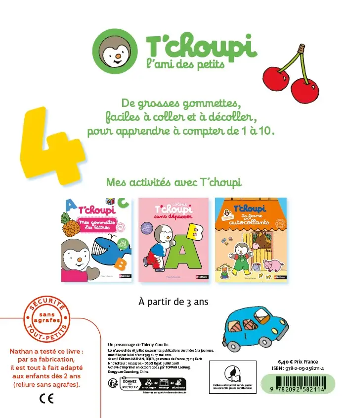 Mes gommettes T'choupi - Les chiffres - Plus de 100 gommettes repositionnables, Dès 3 ans - Cahier d'activités - 9782092582114 - Pages intérieures Back