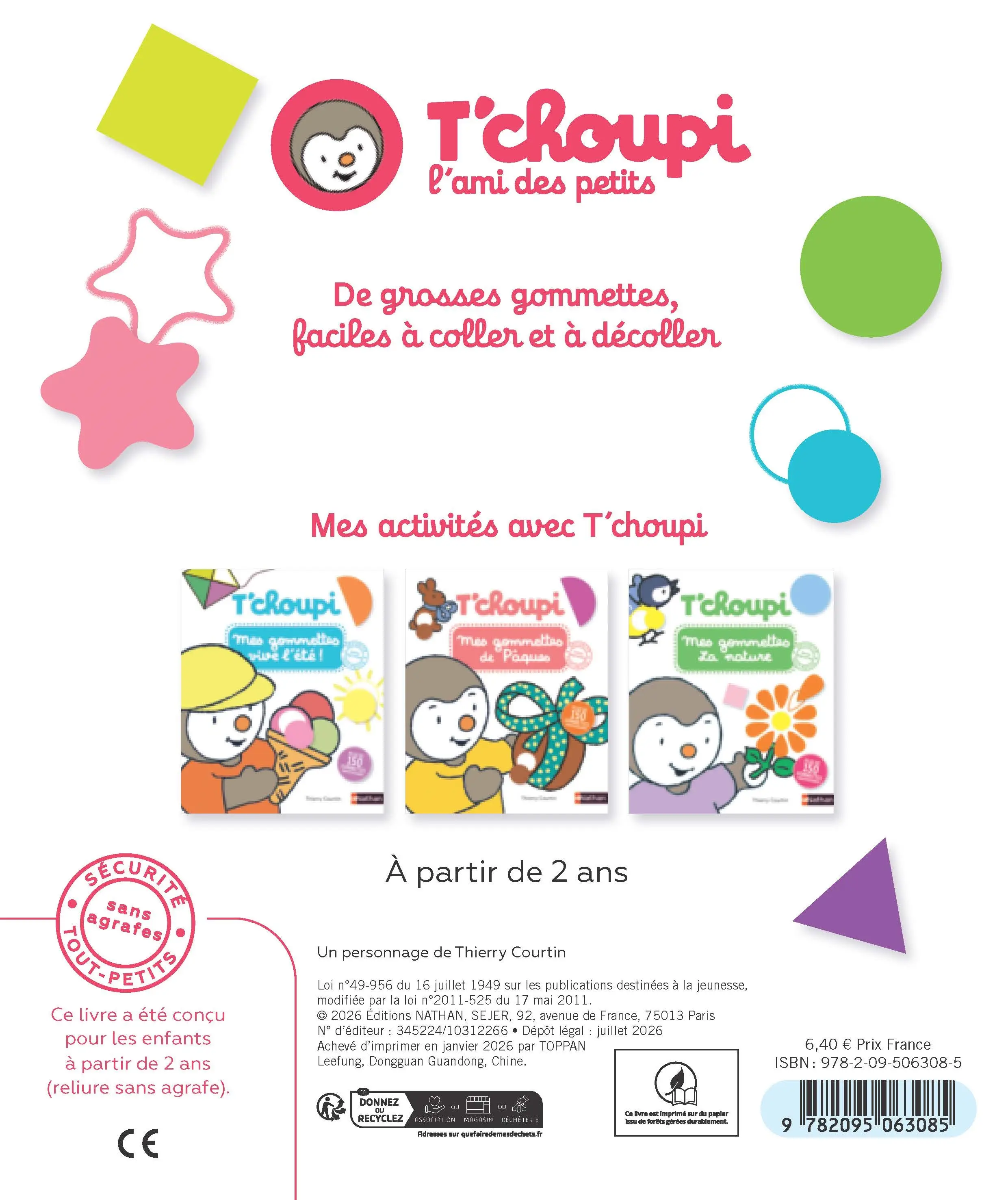 T'choupi - Mes gommettes de l'école  - Plus de 150 gommettes repositionnables à utiliser - dès 2 ans - Livre d'éveil - 9782095063085 - Pages intérieures Back