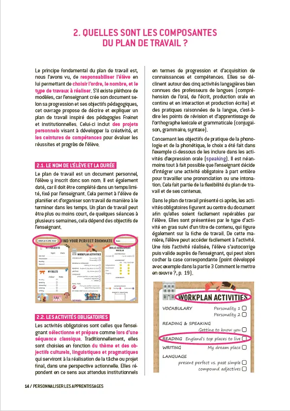 Personnaliser les apprentissages en anglais - Découvrir et mettre en pratique les plans de travail et ceintures de compétences - Guide pédagogique - 9782095048891 - Plan de travail