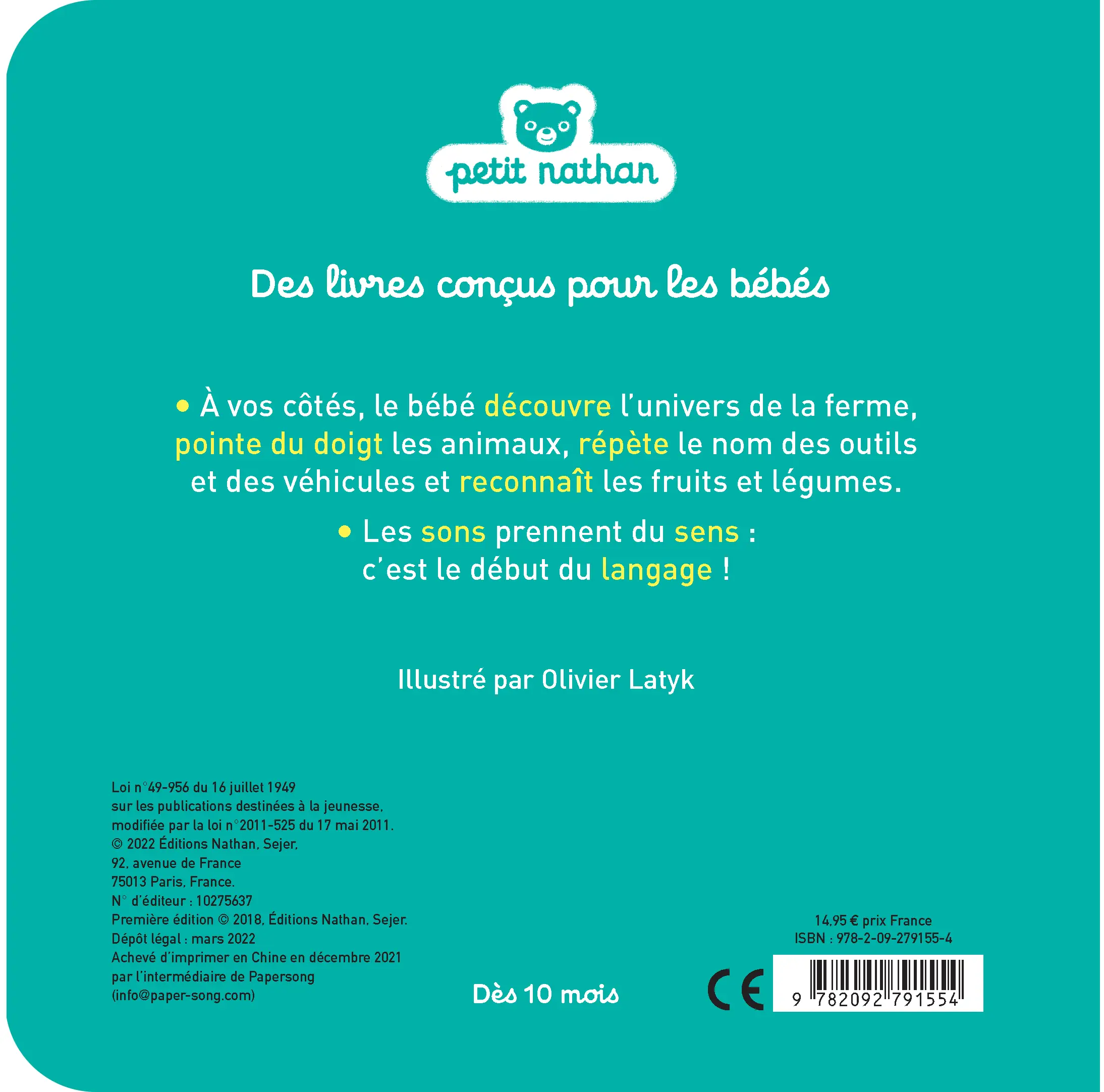 100 mots de la ferme - mon gros imagier - dès 10 mois - Livre d'éveil - 9782092791554 - Plat 4