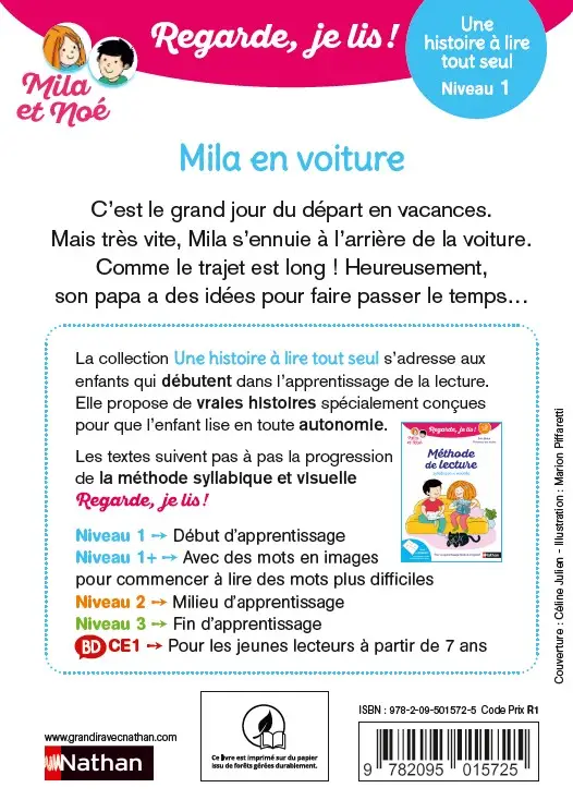 Mila en voiture - Regarde, je lis avec Mila et Noé  - Une histoire à lire tout seul - Niveau 1 - Roman - 9782095015725 - Plat_4