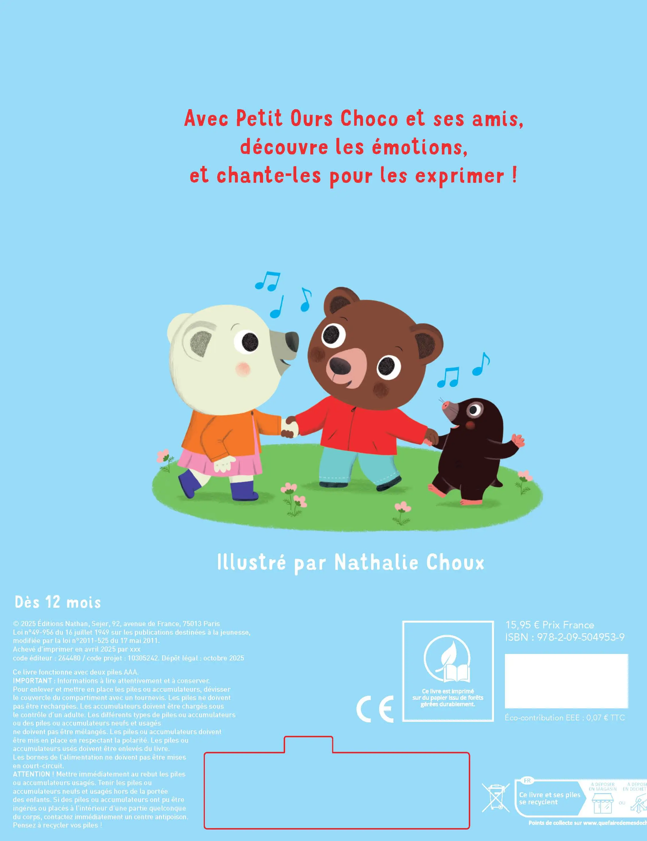 Je chante mes émotions ! - Livre sonore avec 6 comptines pour apprendre à exprimer ses émotions en musique - Dès 2 ans - Livre d'éveil - 9782095049539 - Plat 4