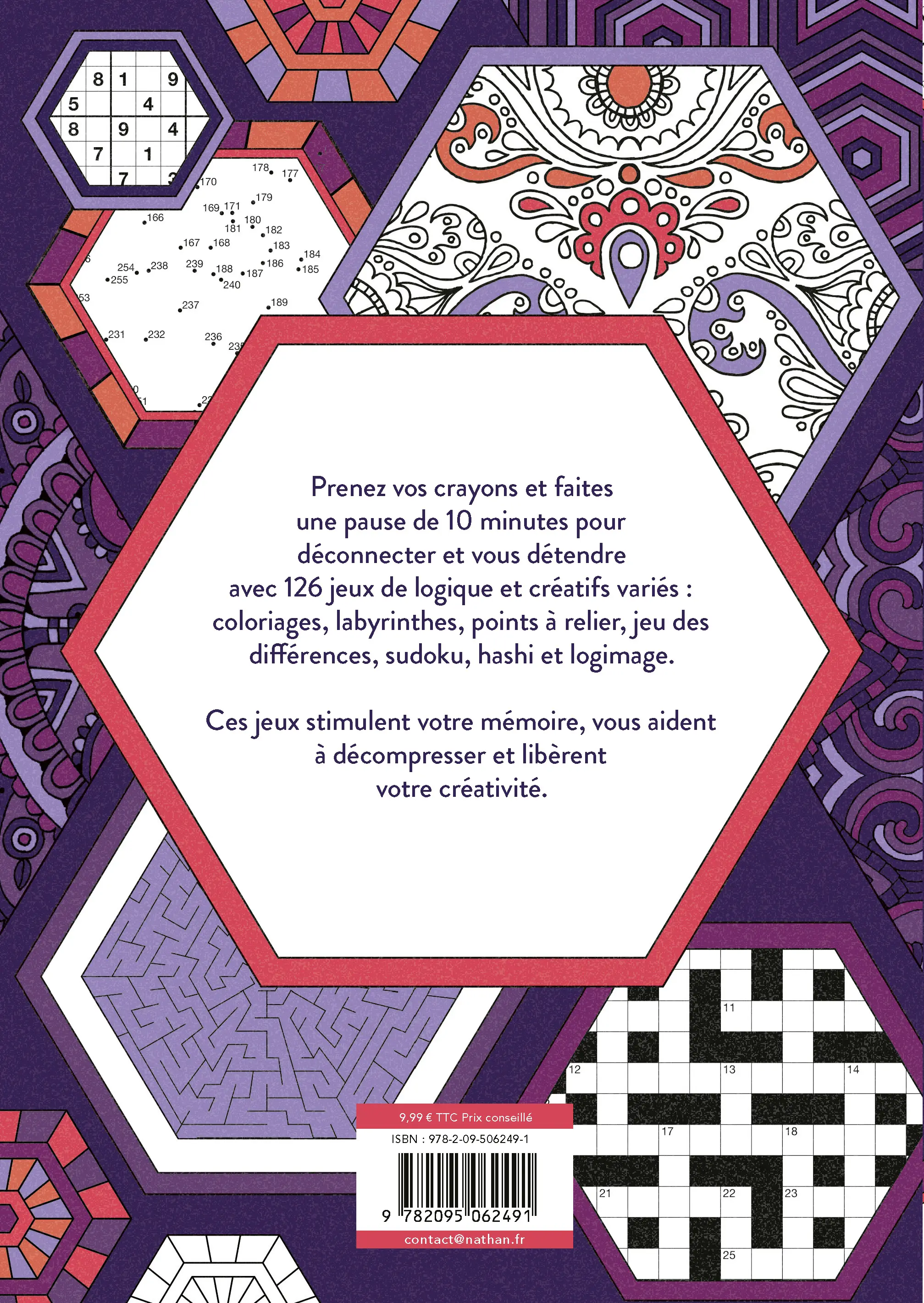 126 jeux et activités en 10 minutes - Une variété de jeux de logique et créatifs pour décompresser et booster sa mémoire - Cahier d'activités - 9782095062491 - Plat_4