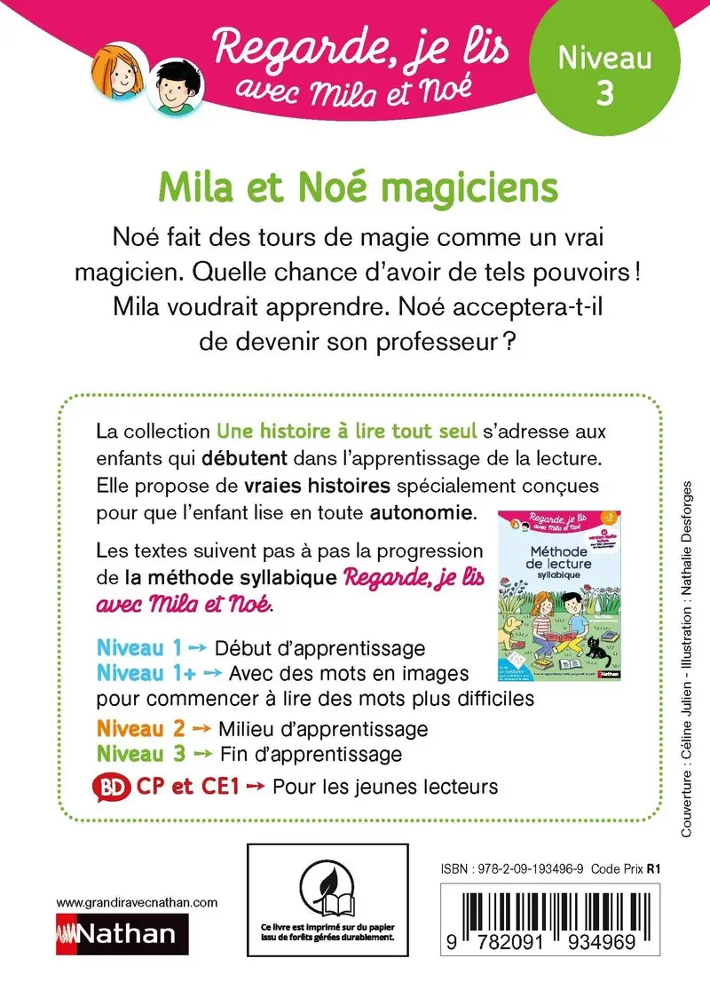 Regarde, je lis avec Mila et Noé - lecture CP - Niveau 3 - Mila et Noé magiciens - Roman - 9782091934969 - Couverture verso