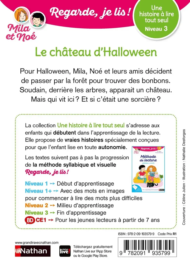 Regarde je lis, avec Mila et Noé - Une histoire à lire tout seul -  Le château d'Halloween Niveau 3 - Dès 5 ans - Roman - 9782091935799 - Couverture verso