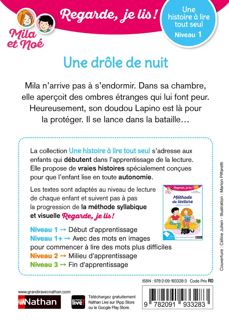 Regarde, je lis avec Noé et Mila - lecture CP -  Niveau 1 - Une drôle de nuit - Roman - 9782091933283 - Couverture verso