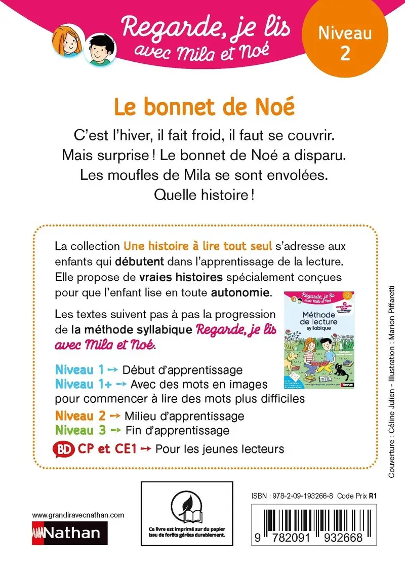 Regarde, je lis avec Noé et Mila - lecture CP -  Niveau 2 - Le bonnet de Noé   - Roman - 9782091932668 - Couverture verso