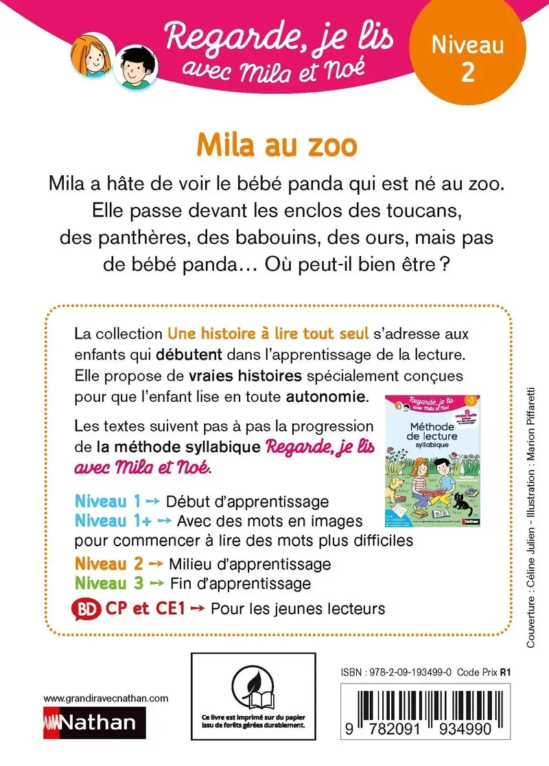 Regarde, je lis avec Noé et Mila - Lecture CP - Niveau 2 - Mila au zoo - Dès 5 ans - Roman - 9782091934990 - Couverture verso