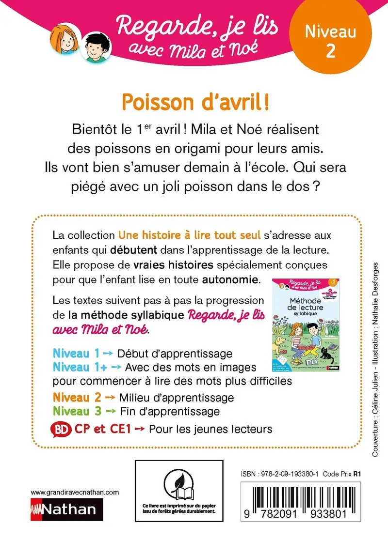 Regarde, je lis avec Noé et Mila - Lecture CP -  Niveau 2 - Poisson d'avril - Roman - 9782091933801 - Couverture verso
