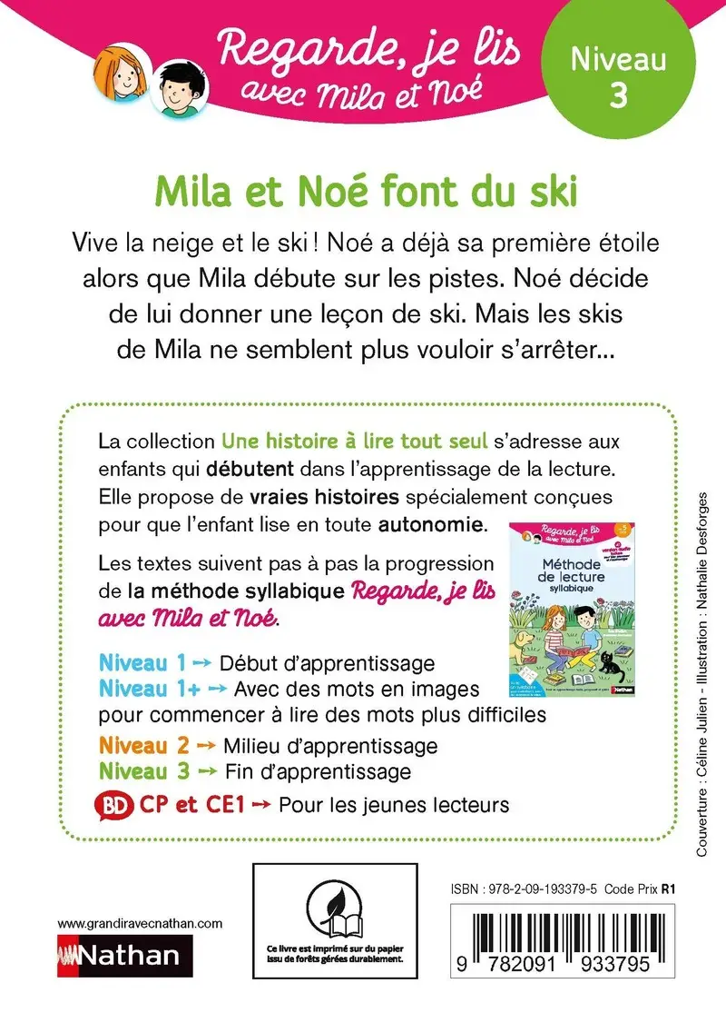 Regarde, je lis avec Noé et Mila - lecture CP - Niveau 3 - Mila et Noé font du ski - Roman - 9782091933795 - Couverture verso