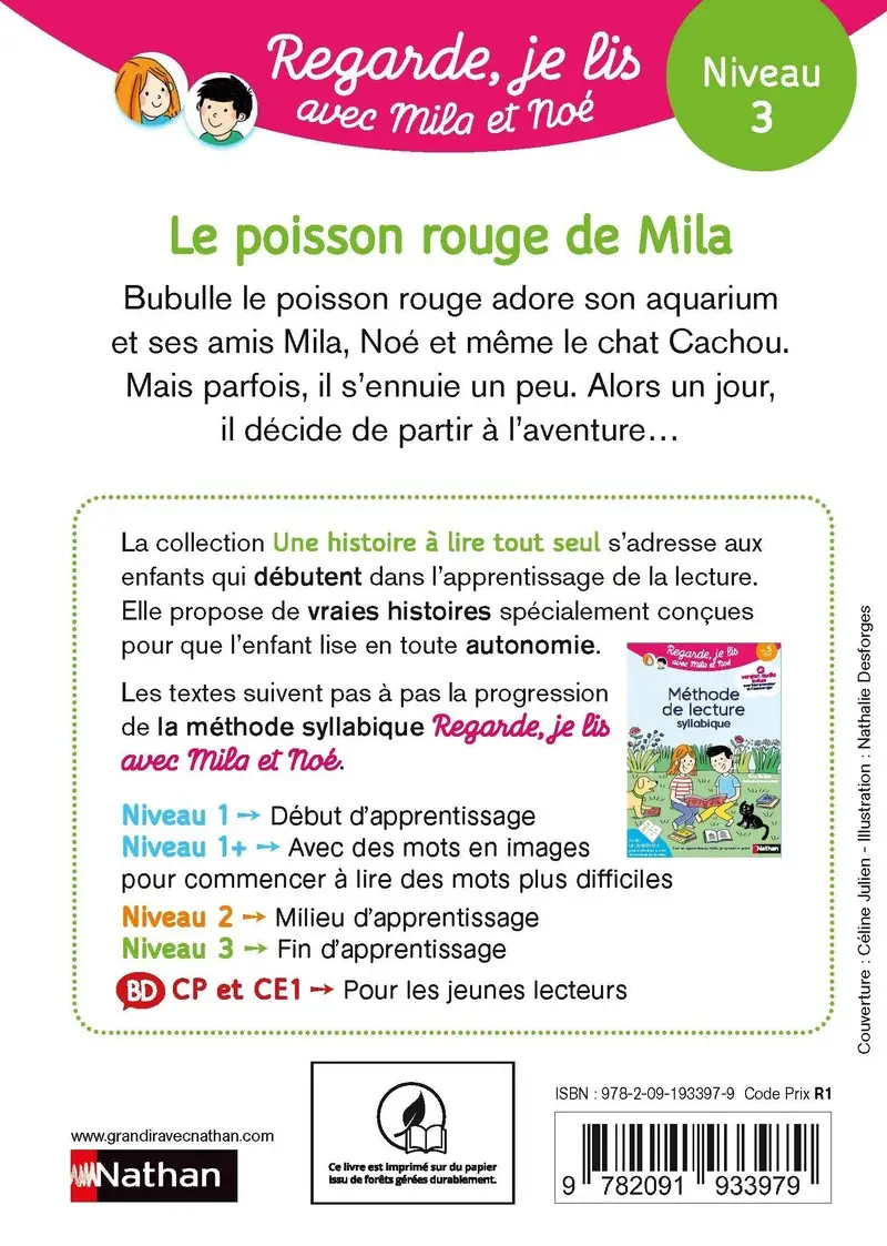 Regarde, je lis ! -  Le poisson rouge de Mila - Lecture CP Niveau 3  - Roman - 9782091933979 - Couverture verso
