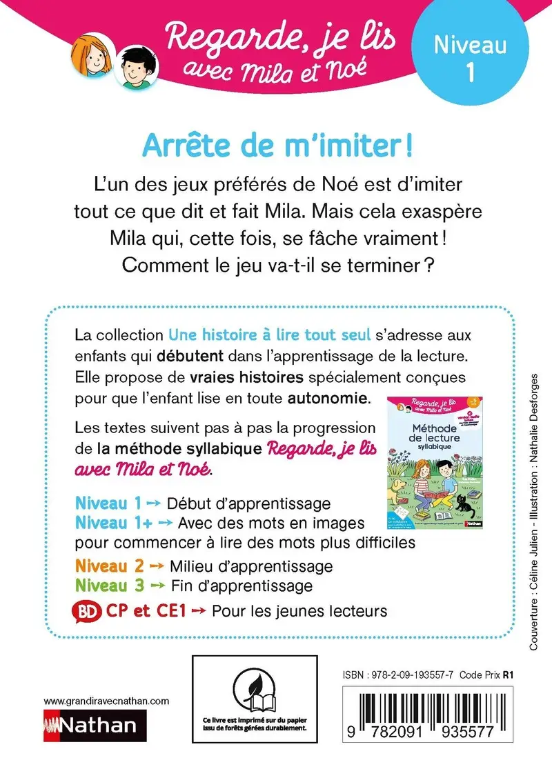 Regarde je lis ! Une histoire à lire tout seul - Arrête de m'imiter - Lecture CP - Niveau 1 - dès 5 ans - Roman - 9782091935577 - Couverture verso