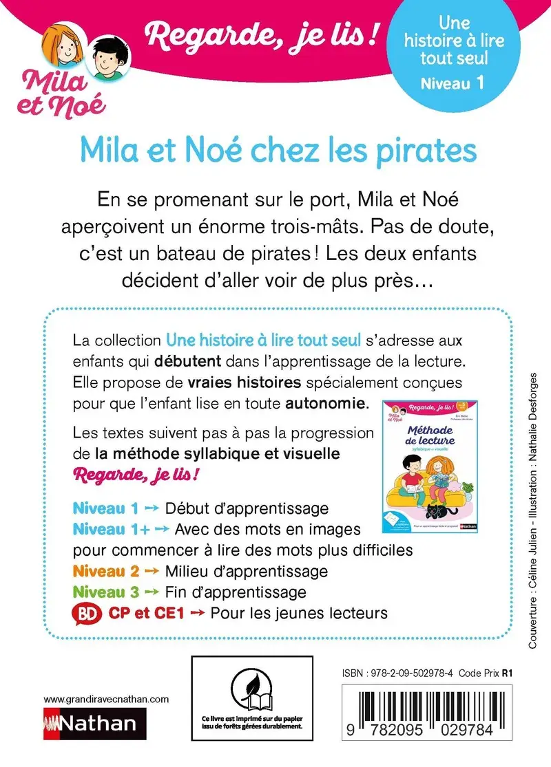 Regarde je lis ! Une histoire à lire tout seul - Mila et Noé chez les pirates - Niveau 1 - Dès 5 ans - Roman - 9782095029784 - Couverture verso