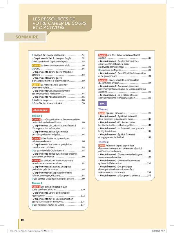 Histoire-Géographie - EMC - 1re Bac Pro - Cahier de cours et d'activités - Coll. Dialogues - Livre + licence numérique i-Manuel 2.0 - 9782091671314 - Ressouces Numériques Page 1