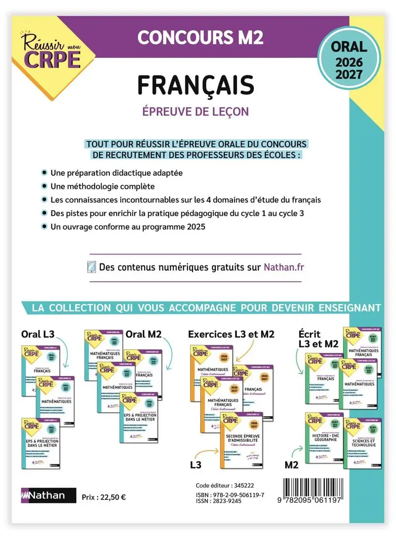Réussir mon CRPE Français Admission Concours M2 oral 2026-2027 - Livre de pédagogie - 9782095061197 - Couverture verso