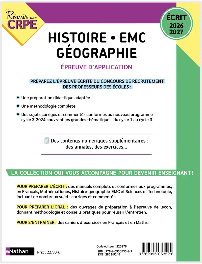 Réussir mon CRPE - Histoire - Géographie - EMC - Épreuve d'admissibilité - Écrit 2026-2027 - M2 - Livre de pédagogie - 9782095053529 - Couverture verso
