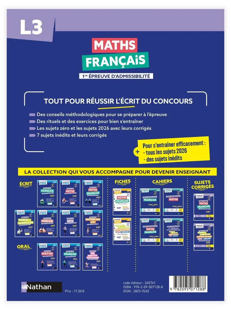 Réussir mon CRPE - Maths Français L3 écrit - Sujets corrigés - 2027/2028 - Livre de pédagogie - 9782095071288 - Couverture verso