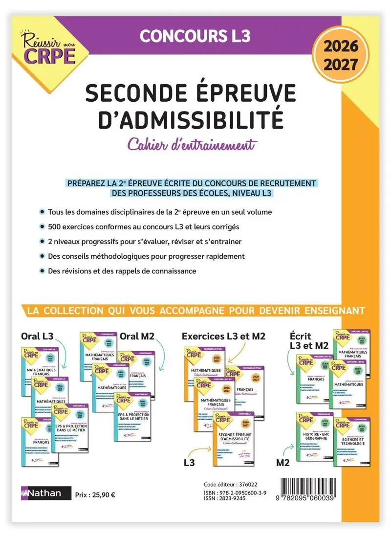 Réussir mon CRPE Mon cahier d'entrainement 2me épreuve écrite d'amissibilité L3 - 2026 2027 - Livre de pédagogie - 9782095060039 - Couverture verso