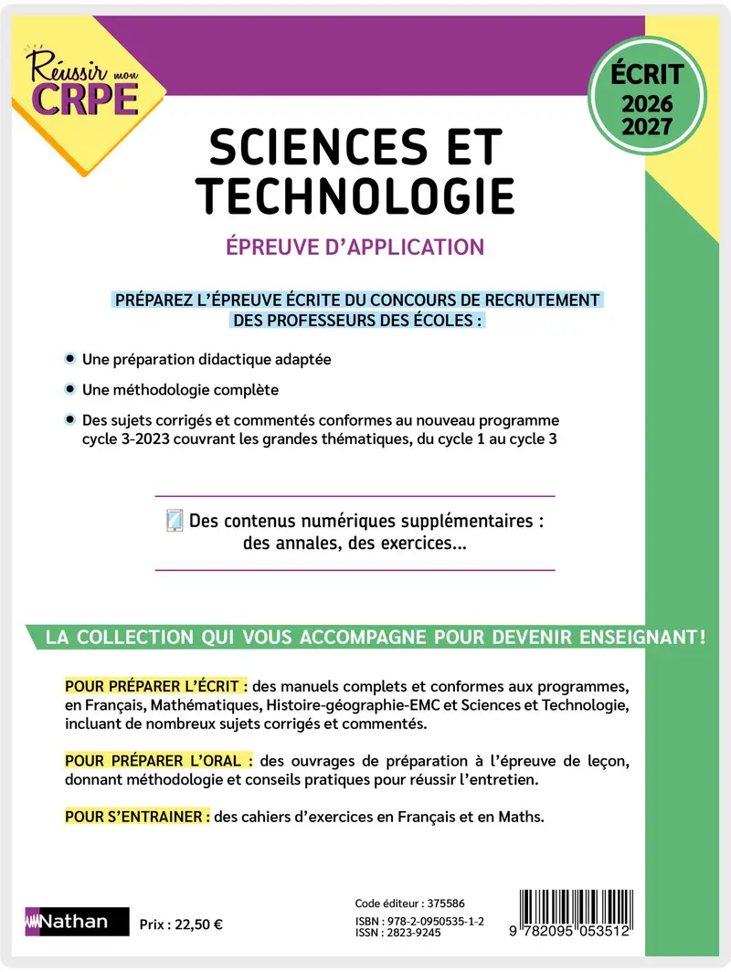 Réussir mon CRPE - Sciences et Technologie - Épreuve d'admissibilité - Écrit 2026-2027 - M2 - Livre de pédagogie - 9782095053512 - Couverture verso