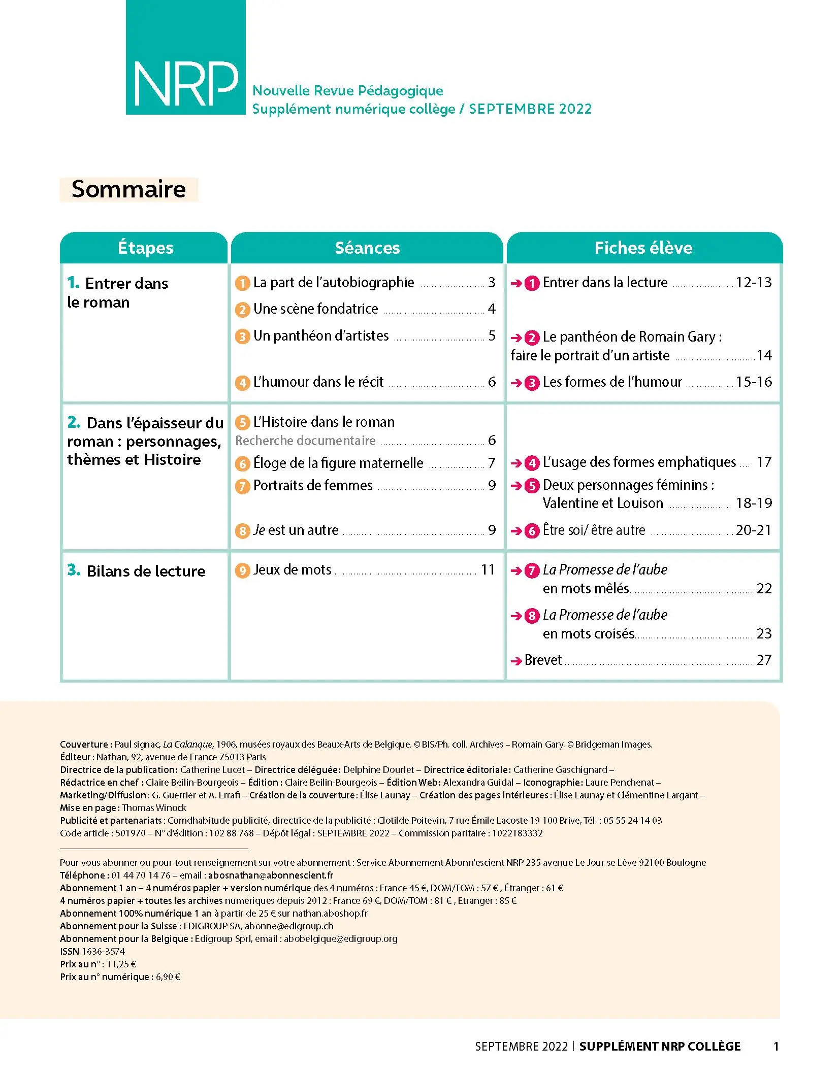 La Promesse de l'aube de Romain Gary - Supplément Numérique N°678 - NRP Sept. 2022 -  - 9782095019709 - sommaire