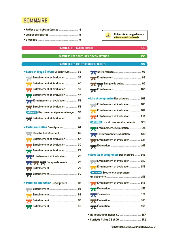 Personnaliser les apprentissages en anglais - Découvrir et mettre en pratique les plans de travail et ceintures de compétences - Guide pédagogique - 9782095048891 - Sommaire