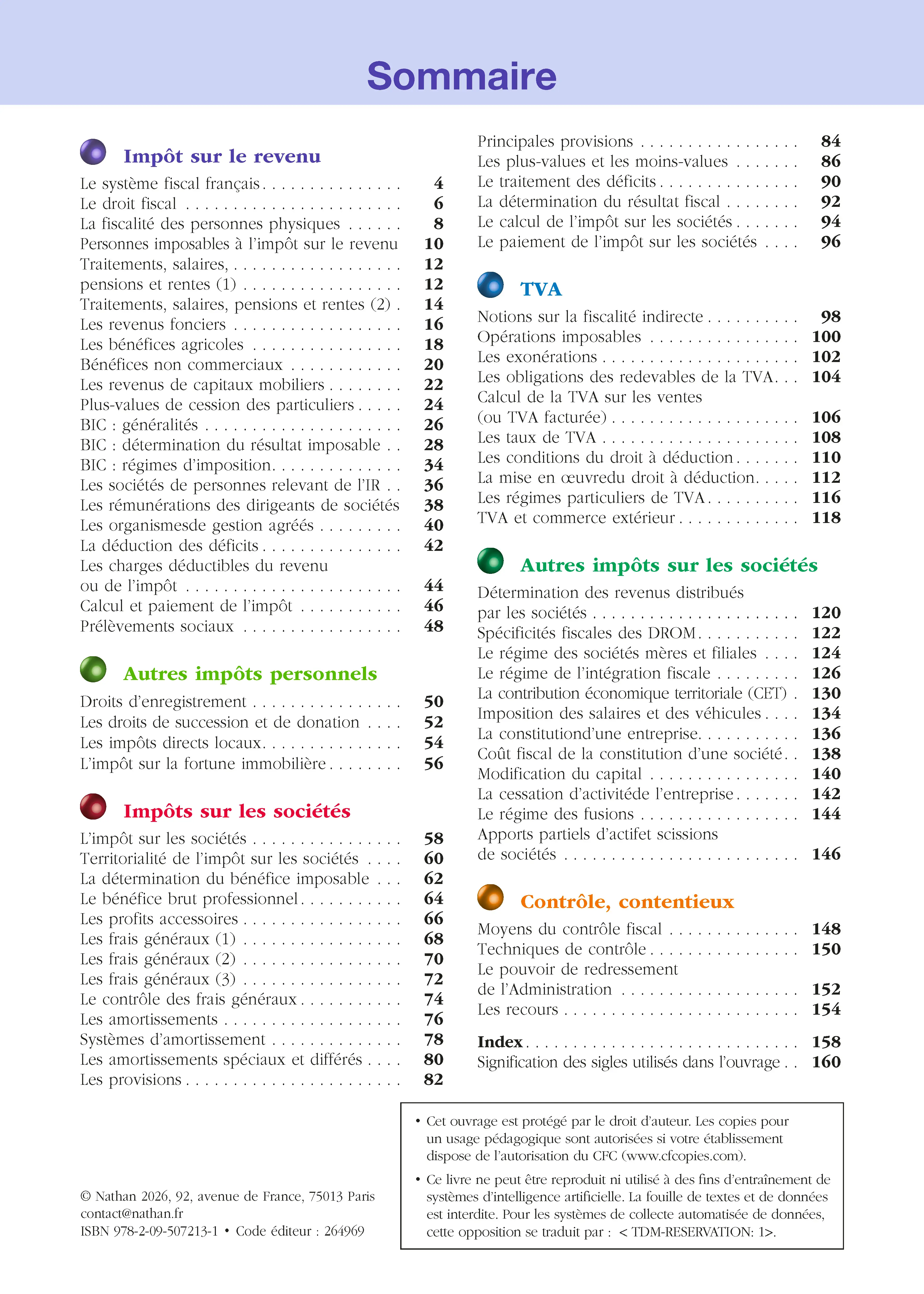 La fiscalité - Repères pratiques : Impôt sur le revenu, impôt sur les sociétés, TVA et contrôle fiscal - Actualisé 2026 - Livre - 9782095072131 - sommaire