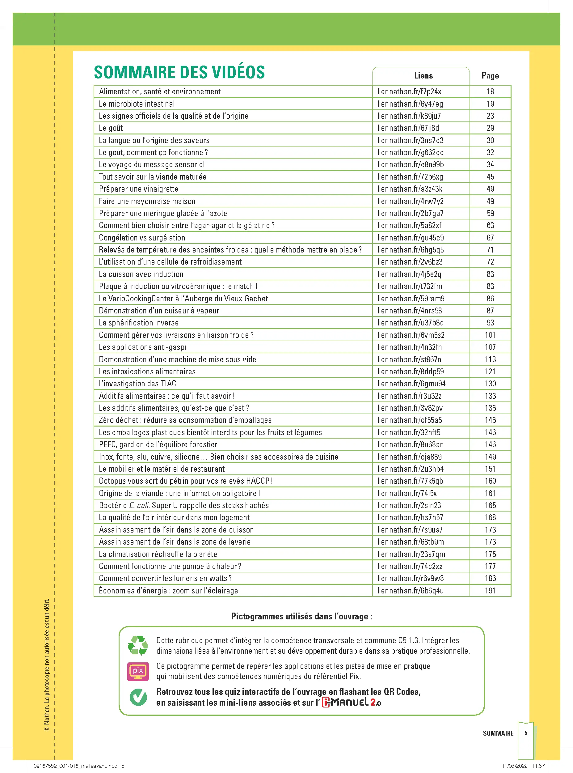 Sciences appliquées - 1re/Terminale Bac Pro Cuisine/CSR - Livre + licence numérique i-Manuel 2.0 - 9782091675824 - Sommaire des vidéos