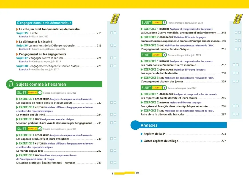 Annales ABC du Brevet 2027 - Histoire-Géographie-EMC 3e - 43 sujets expliqués, fiches de révision, QCM, exercices et sujets corrigés - Annales - 9782095064976 - sommaire3