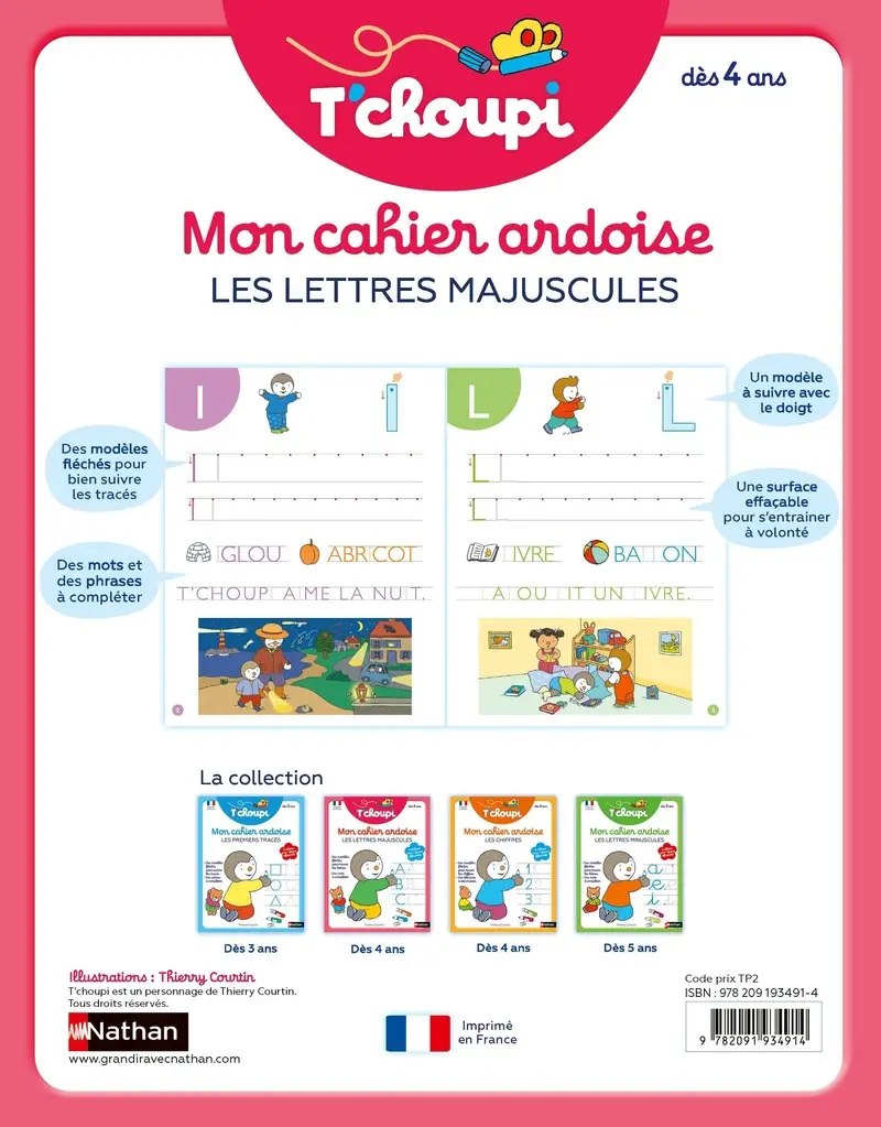 T'choupi mon cahier ardoise effaçable - Pour s'entraîner à tracer les lettres majuscules, avec des modèles fléchés et des mots à compléter - Dès 4 ans - Cahier d'exercices - 9782091934914 - Couverture verso
