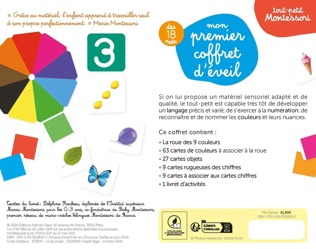 Tout-petit Montessori : mon premier coffret d'éveil - des activités d'éveil variées à découvrir dès 18 mois - Coffret - 9782095028060 - Couverture verso